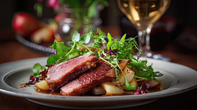roasted duck breast slices served with fresh green salad and white wine in a gourmet restaurant setting