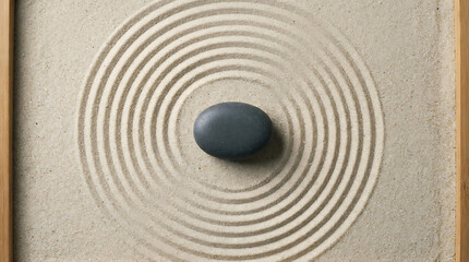 Naklejka premium Zen garden stone raked sand meditation circle with bamboo frame for peace and calm.