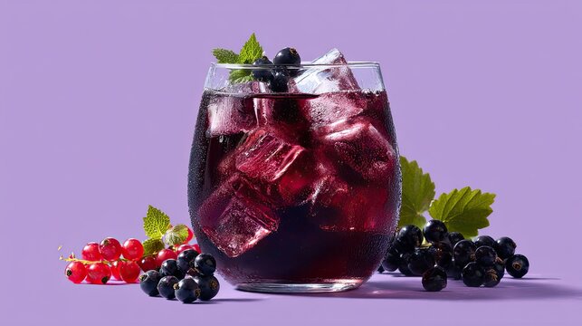 refreshing blackcurrant cocktail with ice cubes and fresh berries on purple background