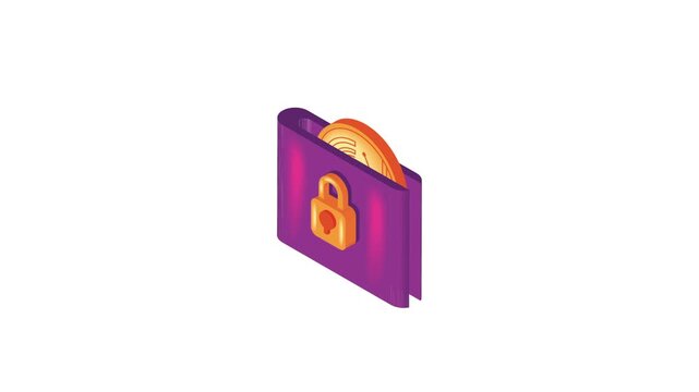 Isometric crypto wallet animation with digital coin and security lock showing secure blockchain asset storage for fintech solutions.