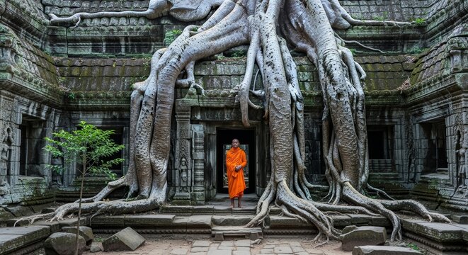 Symmetrical view of a monk in a vibrant orange robe at an ancient temple doorway overtaken by snake like tree roots