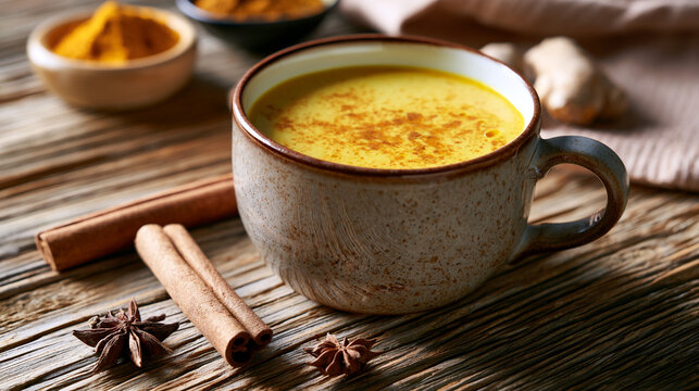 Warm turmeric golden milk latte in a ceramic mug with spices on wood herbal tea spiced bevera