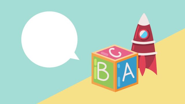 Educational toy block with letters a, b, c and red rocket toy with speech bubble on dynamic blue and yellow background.