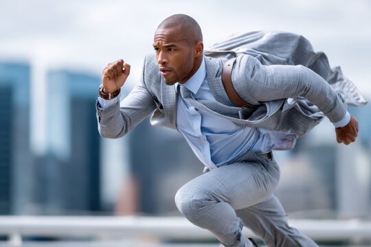Businessman in a gray suit running in an urban area during daytime for an urgent meeting