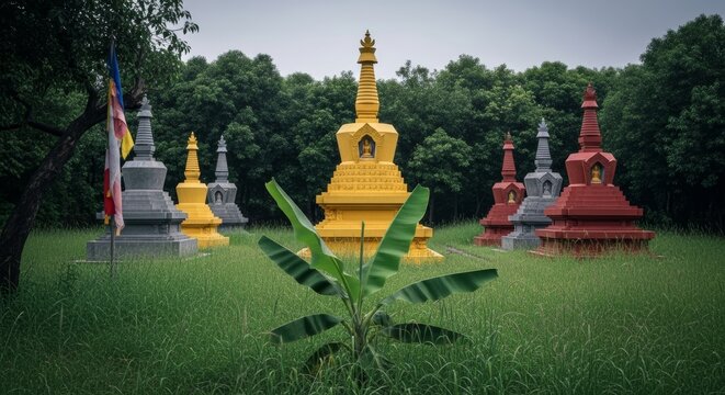 A quiet and reverent scene of temple funerary grounds with tiered stupas and a colorful prayer flag on a tree branch