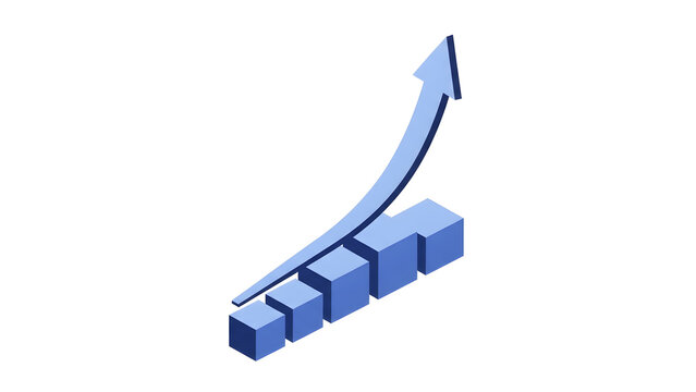 Blue ascending arrow on stacked cubes illustration.