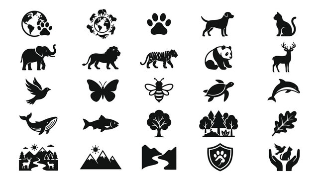 Wildlife and nature protection black icon set with wild animals trees and mountains