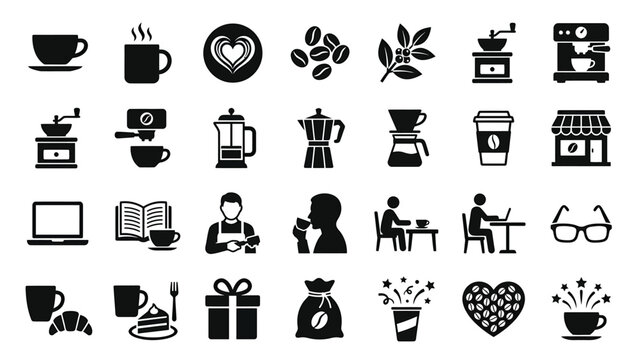 Coffee culture and cafe business icons set with black silhouettes
