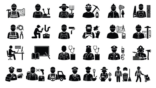 Professional worker avatars and occupational tools vector black icons