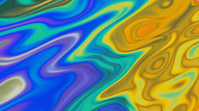 Abstract iridescent halftone background dot pattern with holographic rainbow color shift and chrome shimmer in blue and yellow. Drops into a music album cover and poster design composition.
