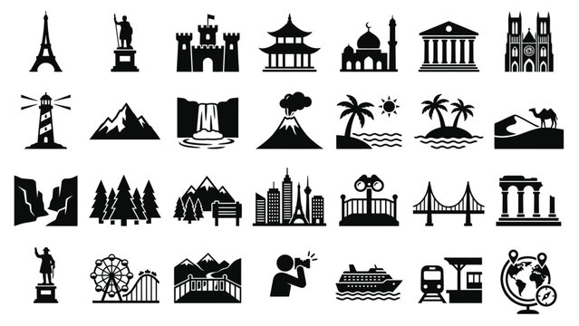 Travel and landmarks icon set depicting world famous monuments architectural styles natural attractions and tourist transportation