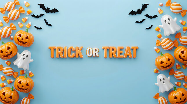 Festive trick or treat sign with cute pumpkins and ghosts for halloween