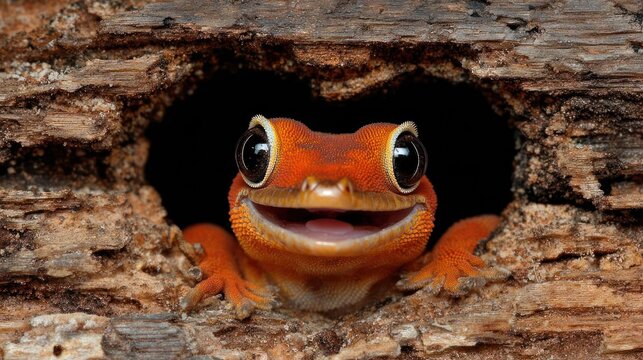 Close up of a vibrant orange gecko smiling from a wooden hole