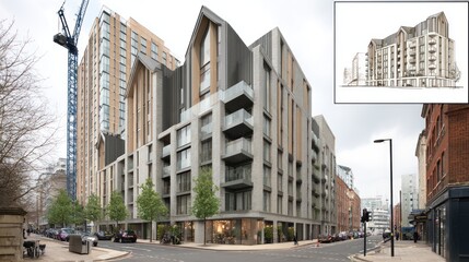 Fototapeta premium Modern urban architecture featuring multi story buildings and construction crane