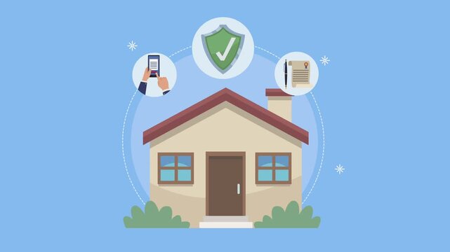 Home insurance concept animation featuring house with security shield and mobile policy icons on blue background.