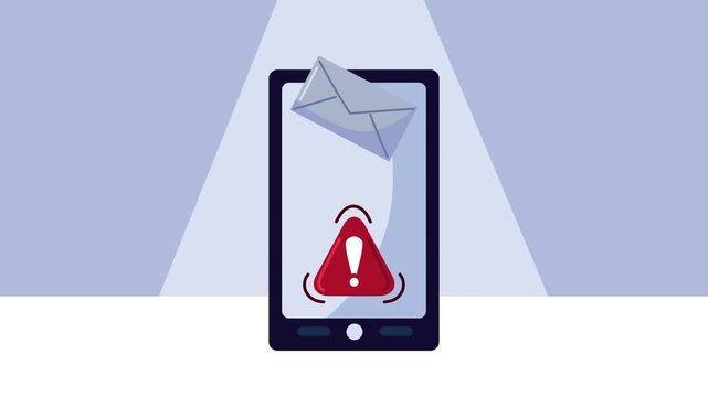 Data security alert and phishing notification animation on smartphone screen showing warning sign and mail icon.
