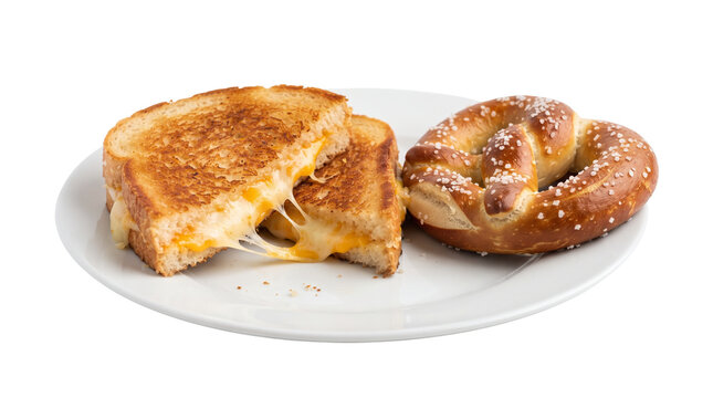 Grilled cheese sandwich with melted cheddar, soft salted pretzel on white plate, toasted sourdough bread with gooey cheese pull
