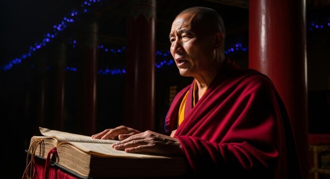 A Tibetan monk in vibrant burgundy robes participates in a chanting session with ancient books in a grand monastery