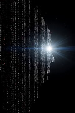 Digital Mind: AI Intelligence & Binary Code Human Head Profile with Luminous Eye