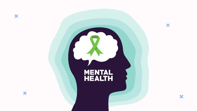 Mental health awareness graphic with profile silhouette and green ribbon in brain.