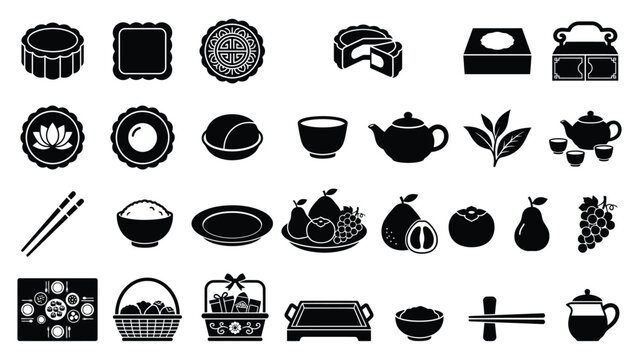 Black silhouette collection of mooncake and traditional asian food icons for festive celebrations