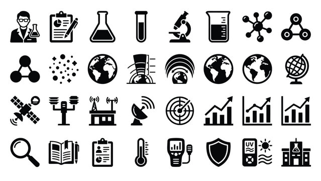 Collection of science and technology flat icons including chemistry, biology, and physics symbols.