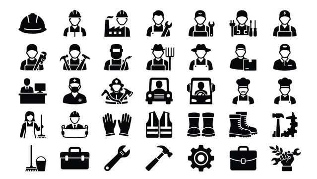 Collection of trade and service industry worker icons with relevant tools and equipment.