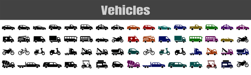 Fototapeta premium Collection of various colorful vehicle icons and transportation symbols isolated on a white background