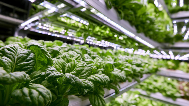 Indoor vertical farming system with rows of green leafy vegetables growing under led lights