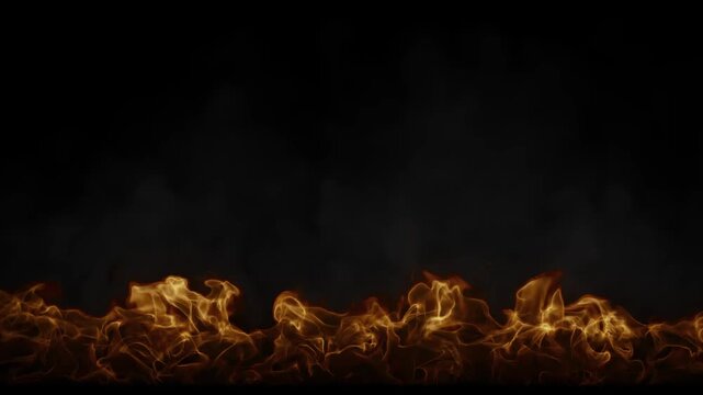 Realistic linear fire flame border loop with transparent alpha channel. Seamless 10-second looping animation of cinematic fire and combustion energy in 4K 60fps. VFX composite asset for overlays