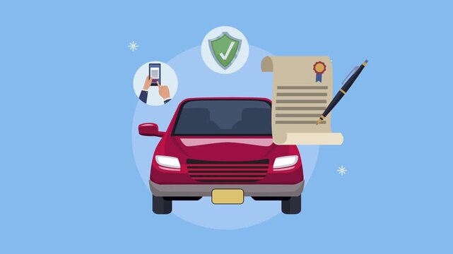 Digital car insurance contract animation with car, document and mobile phone.