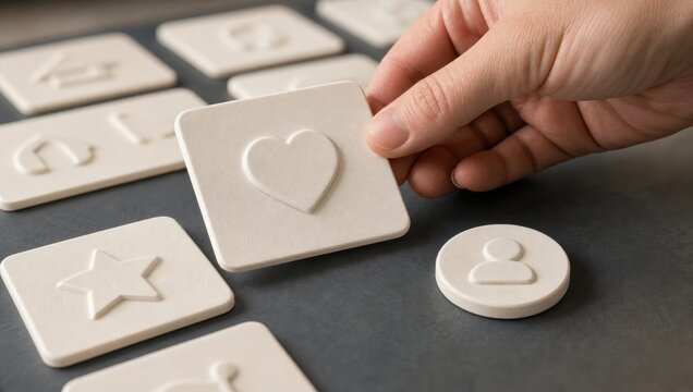 digital marketing strategy personalization. Hand placing a square tile with a heart symbol among other tiles with social media icons on a dark surface.