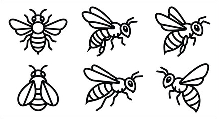 Fototapeta premium Line art bees depict various flying poses against a white background