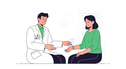 Obraz premium Medical Professional Examining Patient's Smartwatch, Checking Vital Health Indicators Illustration