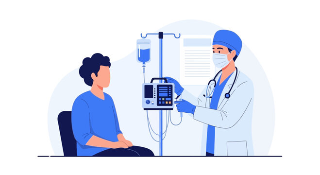 Medical Professional Examining Patient with Infusion Device; Healthcare and Therapy Illustration