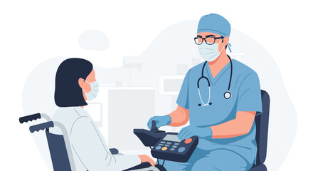 Fototapeta premium Medical Professional Examining Patient In A Wheelchair, Discussing Healthcare And Treatment
