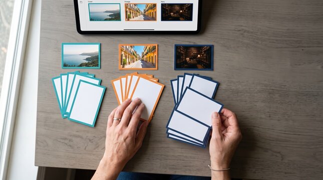 digital marketing strategy personalization. Elderly person sorting and organizing multiple blank photo cards on a wooden table with a tablet displaying photos.