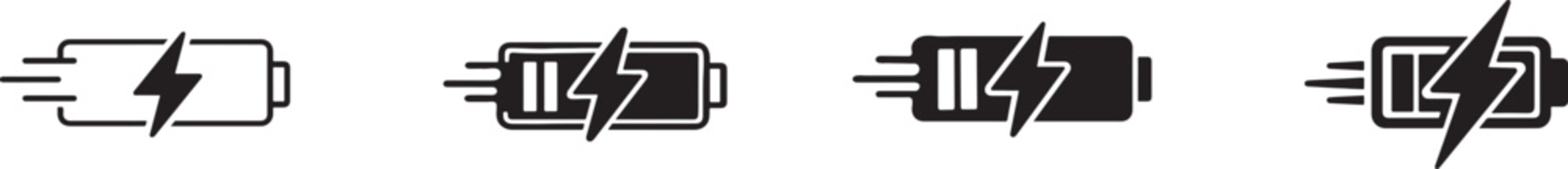 Black and white fast charging icon set in multiple styles for EV, battery, power, energy, and apps.