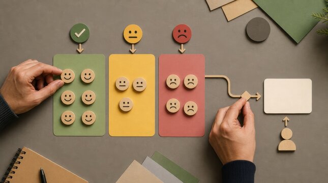digital marketing strategy personalization. Hand arranging smiley face tokens on a satisfaction chart with happy, neutral, and sad faces.