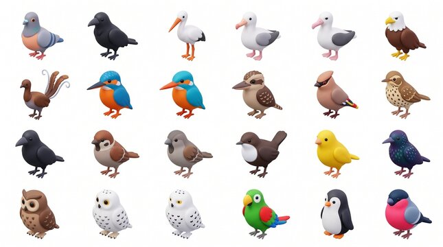 Diverse set of realistic 3D bird illustrations featuring various species including eagles, owls, and penguins representing global wildlife and ornithology