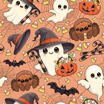 Cute Halloween Ghost Kawaii Style Vector Seamless Tileable Textile Pattern Design Motive EPS
