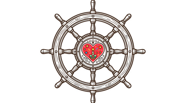 Vintage style ship steering wheel with a decorative red heart center illustration.