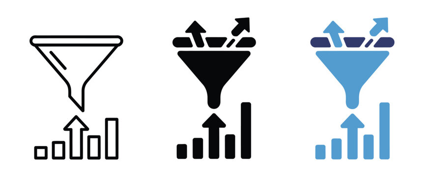 Funnel icon integrated with bar chart showing sales conversion rates, marketing analytics, customer acquisition and business performance tracking
