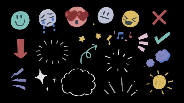 Colorful, Cute doodle icons, wiggle animation stickers: Aura, stars, sparkles, sunray, music notes, emoticon happy face, smile, sad, meh, cloud, frame, rough pencil crayon on a transparent background	