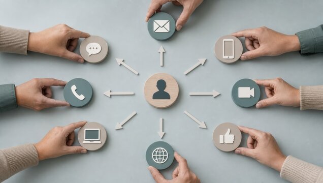 digital marketing strategy personalization. Hands holding icons representing various communication methods connected to a central user symbol.
