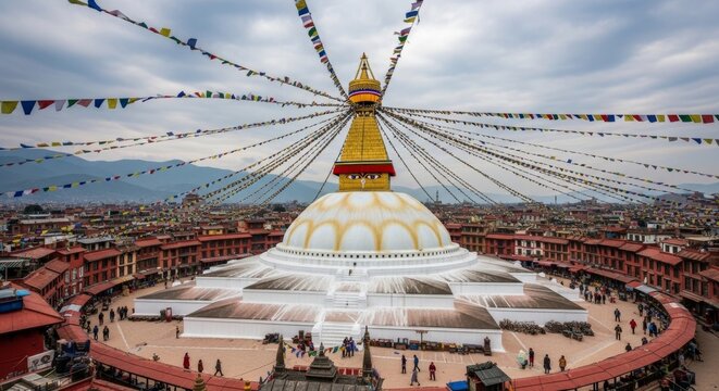 Ultra wide panoramic photograph of the iconic Boudhanath Stupa showing the full scale of the monument and the surrounding city of Kathmandu