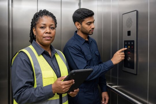 Elevator Safety Inspection A Middle-aged Black Female Inspector With An Average Build Faces The Camera With A Focused Neutral Expression