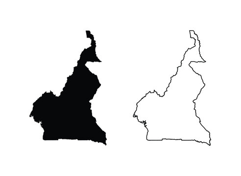 Cameroon Map Silhouette And Minimalist Outline Border Vector Illustration Set