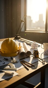Architectural Design Workspace with Hard Hat Blueprints and Measuring Tools
