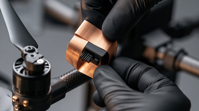 Technician hands in black gloves installing copper EMI shielding onto a drone GPS module to prevent signal interference
